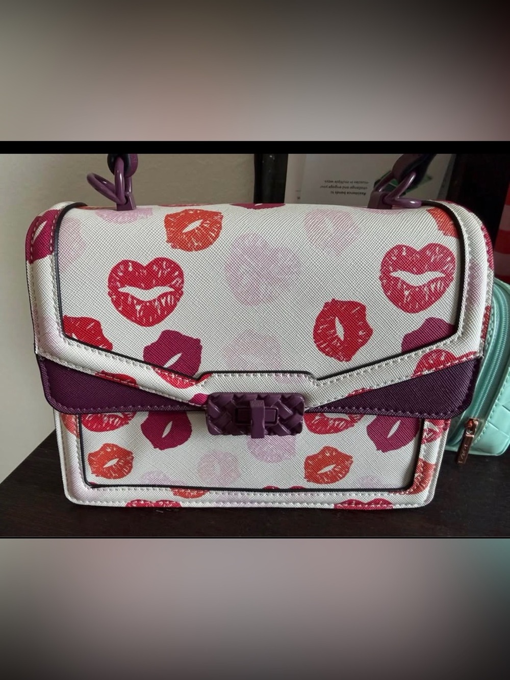 Aldo White Kiss-Print Shoulder Bag with Purple Trim